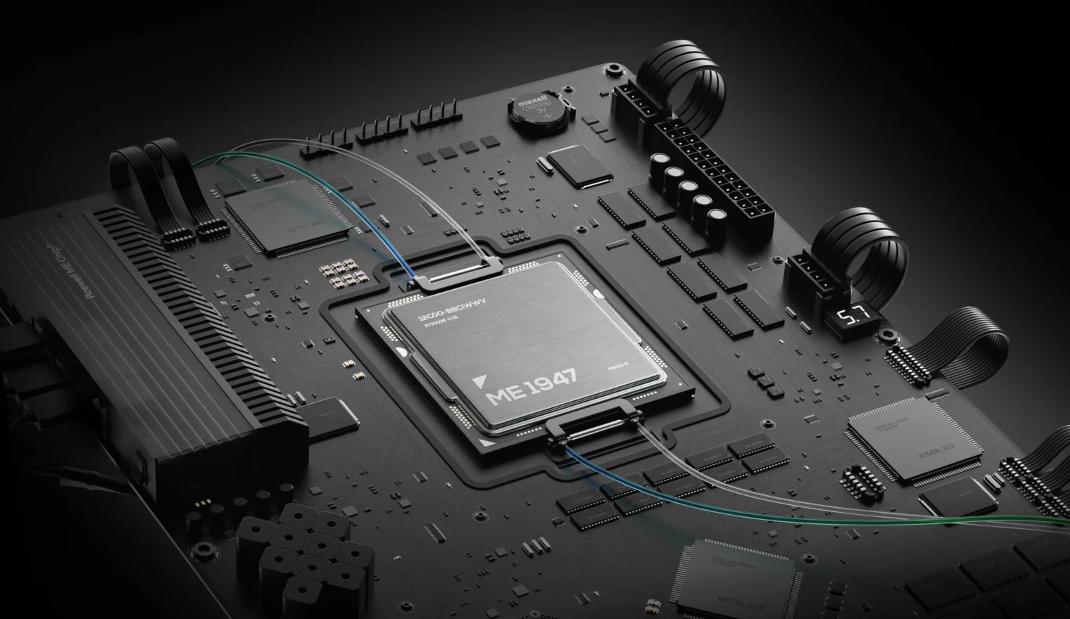3D render of the Roswell molecular electronics chip on a dark circuit board
